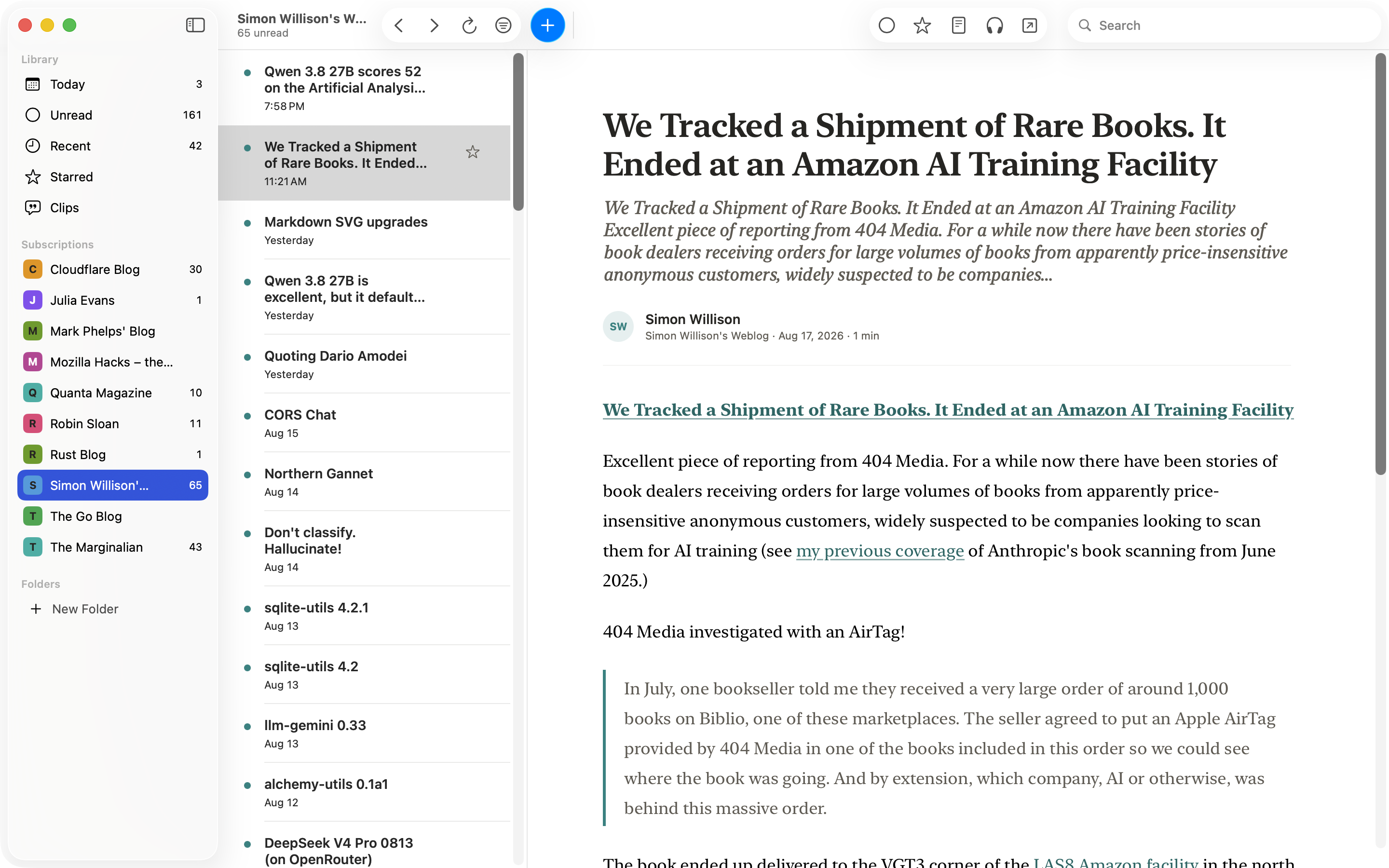 Cove screenshot — library, article list, and reader