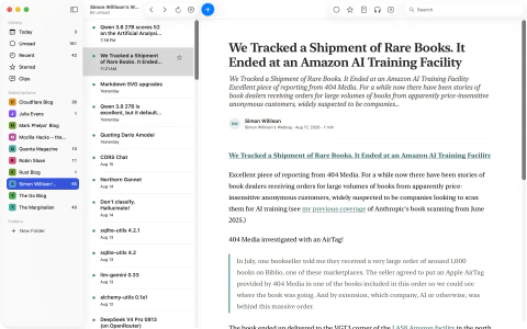 Cove screenshot — library, article list, and reader