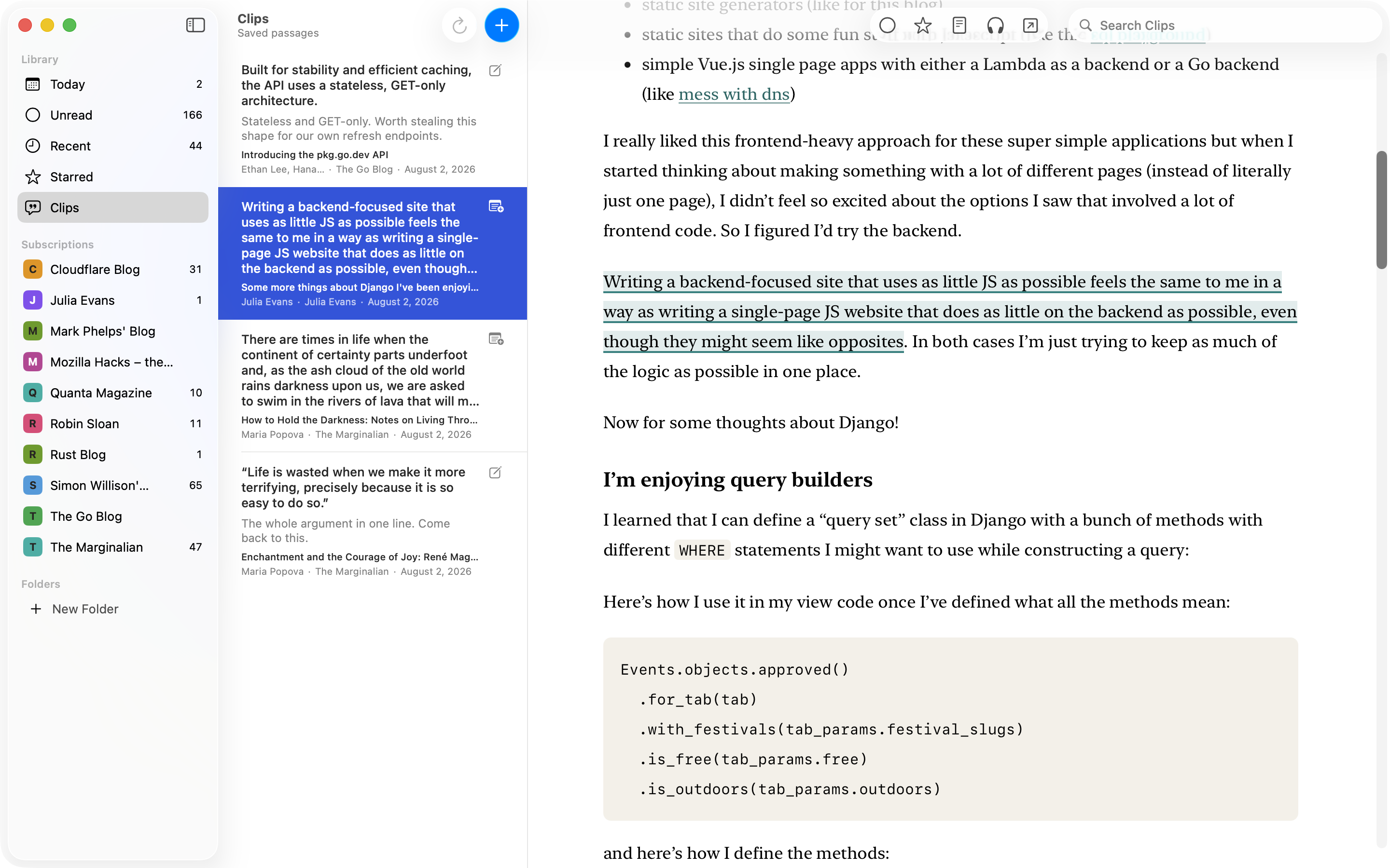 Cove screenshot — clips library with saved passages