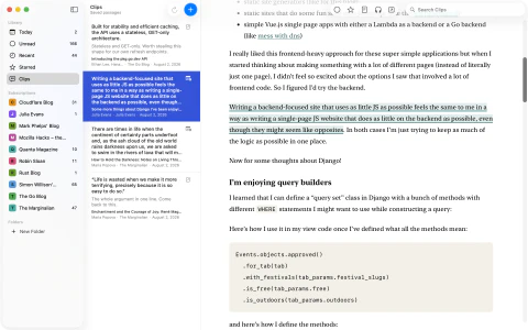 Cove screenshot — clips library with saved passages